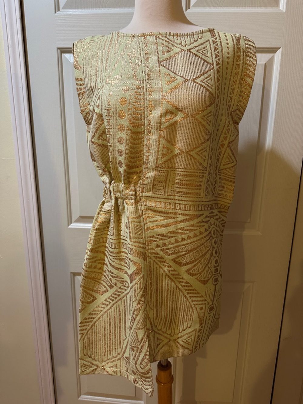 Vtg Avant Garde Modernist Asymmetric Cream Gold Geometric Pattern Dress Size S